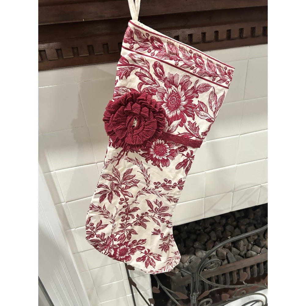April Cornell Felicity Red Toile Floral Christmas Stocking‎ Crocheted Flower